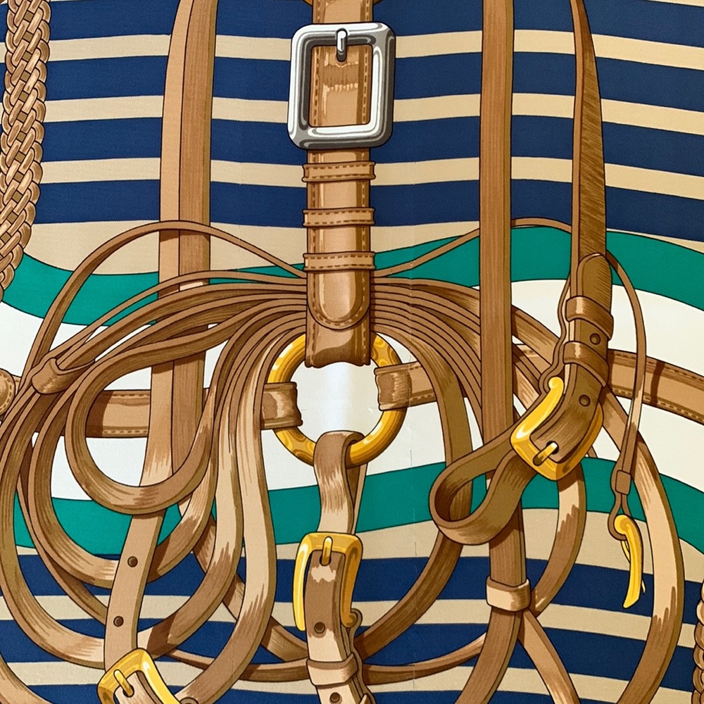 Hermès Vintage 100% Silk Scarf Coaching Green White Tan Navy Made in France - Picture 6 of 14